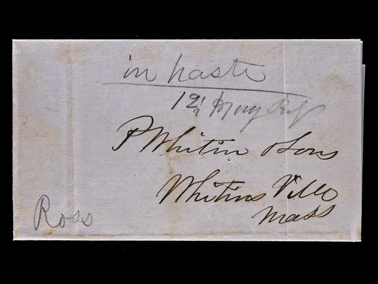 Ross' Express, Manuscript Endorsement on 1855 Stampless Folded Letter to Whitinsville, Mass