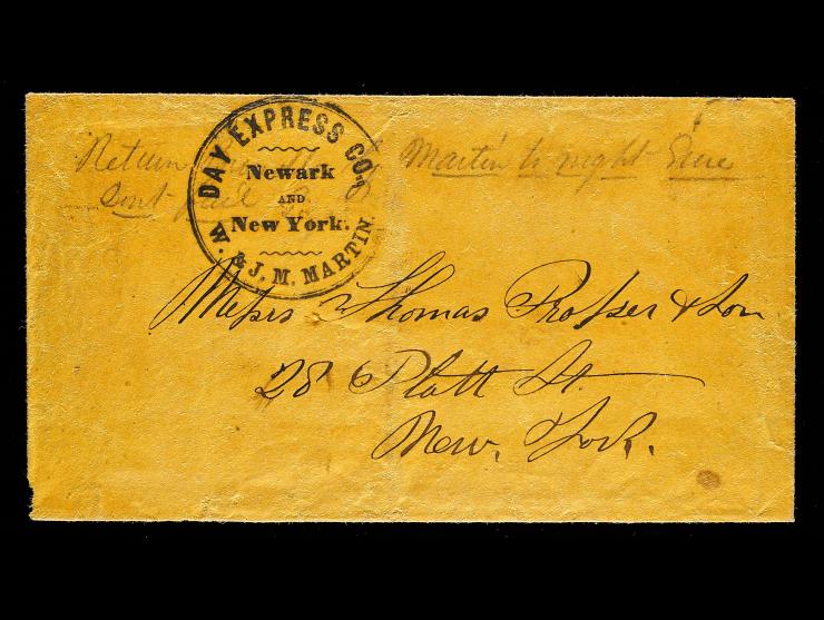 Day Express Co., Black Circular Handstamp, Newark to New York Stampless Cover