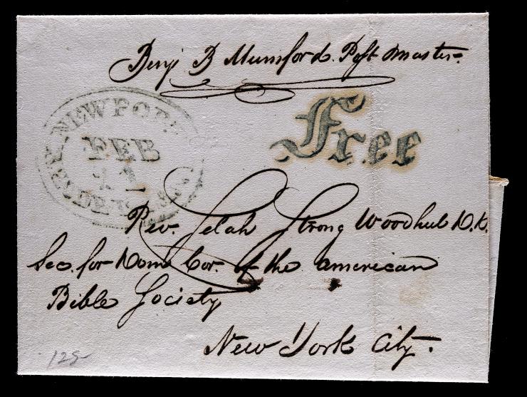 Newport, Rhode Island, Large Olive Green Datestamp with Fancy "FREE" in Old English Letters, on 1824 Folded Cover