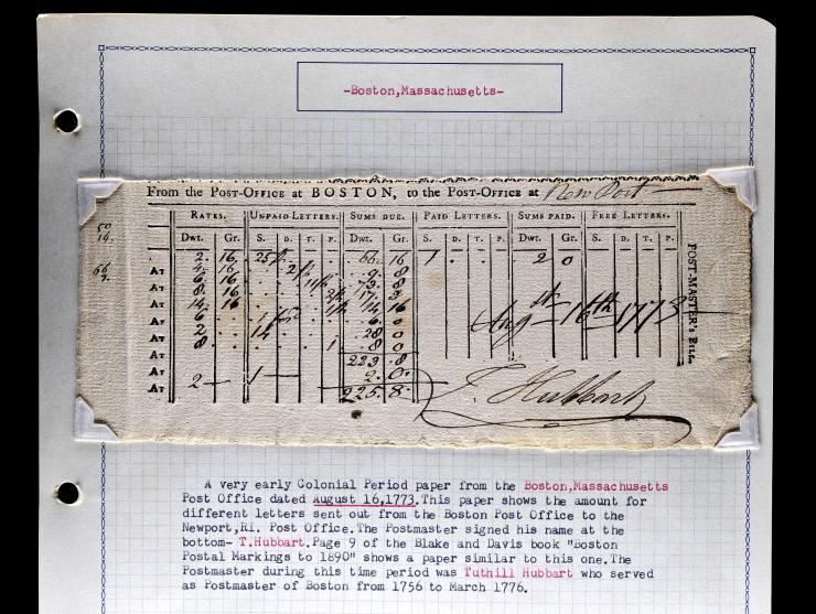 Boston, MA, 1773 Colonial Post Office Account, Showing Rates for Letters From Boston to Newport, R.I. Post Office