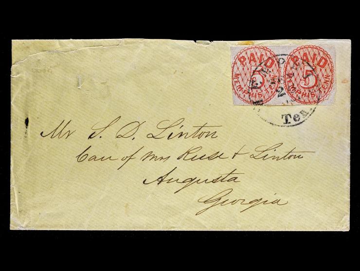 Confederate States, Memphis, Tennessee, 56X2 1851 5c Red, Horizontal Pair, Tied on Cover to Augusta, Ga