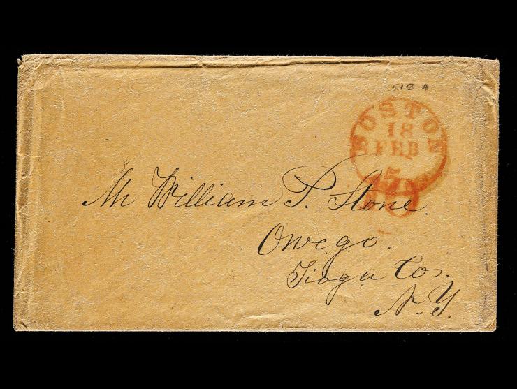 1850 Boston Stampless Cover, "5 CENTS" Overstamped to "10" for Over 300 Miles