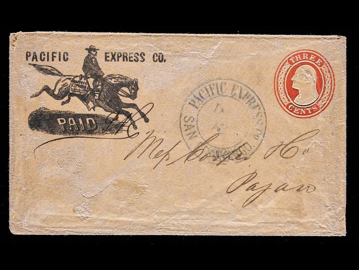 Pacific Express Co., Pony and Rider Frank (PAC‐001) on 1853 U10, 3c Red on Buff Nesbitt Entire to New York