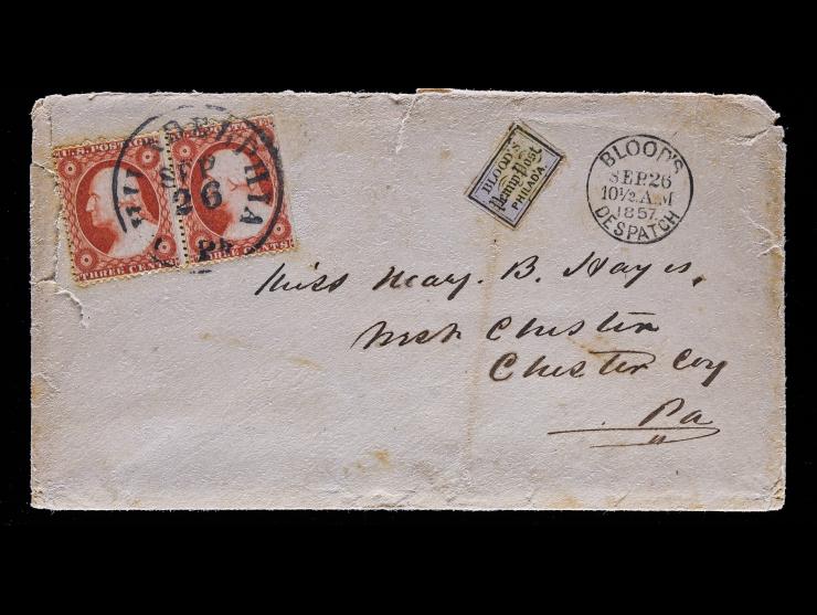 D.O. Blood & Co., 15L14, 1c Bronze on Lilac on Cover with #26 3c Red Horizontal Pair, Tied by Philadelphia Datestamp