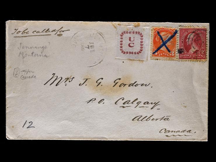 #267 1895 2c Carmine with Canada #7 Crossed Out and Upper Canada Label on Cross-Border Cover