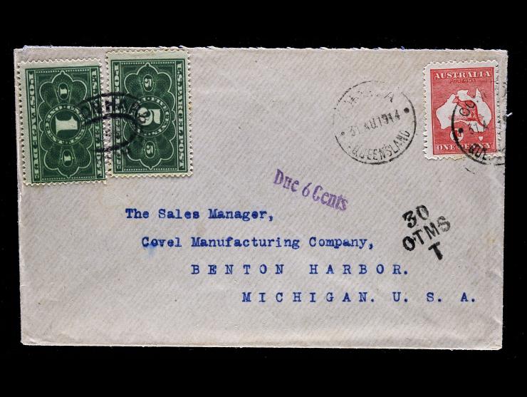 Australia #2e 1913 1p Red, Tied on Cover to Michigan with #JQ1 1913 1c and #JQ3 5c Parcel Post Postage Due
