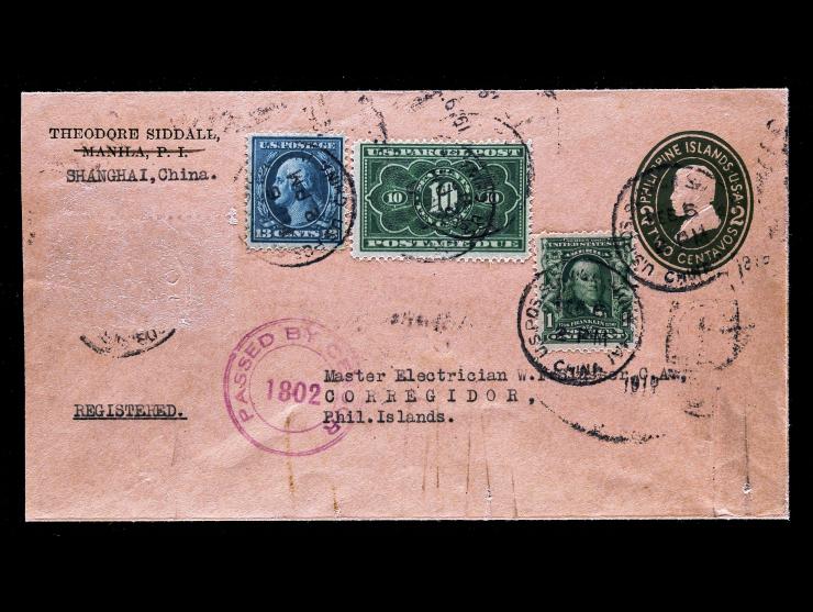 #JQ4 10c Parcel Post Postage Due on Registered U32 1908 2c Green on Oriental Buff, Censored