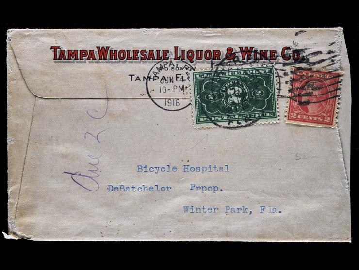 #454 1914 2c Carmine Rose and #JQ2 2c Parcel Post Postage Due on Tampa Wholesale Liquor & Wine Co. Envelope