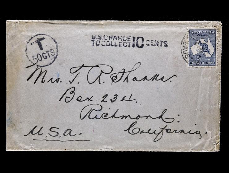 Australia #4 1913 2 1//2d Indigo, on Cover, "U.S. CHARGE TO COLLECT 10 CENTS" and Circular "T 10 CTS" Handstamps Indicating Postage Due