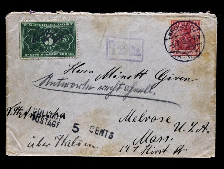 Germany #83d 1905 10pf Green Tied on Cover, Used with #JQ3 1913 5c Parcel Post Postage Due