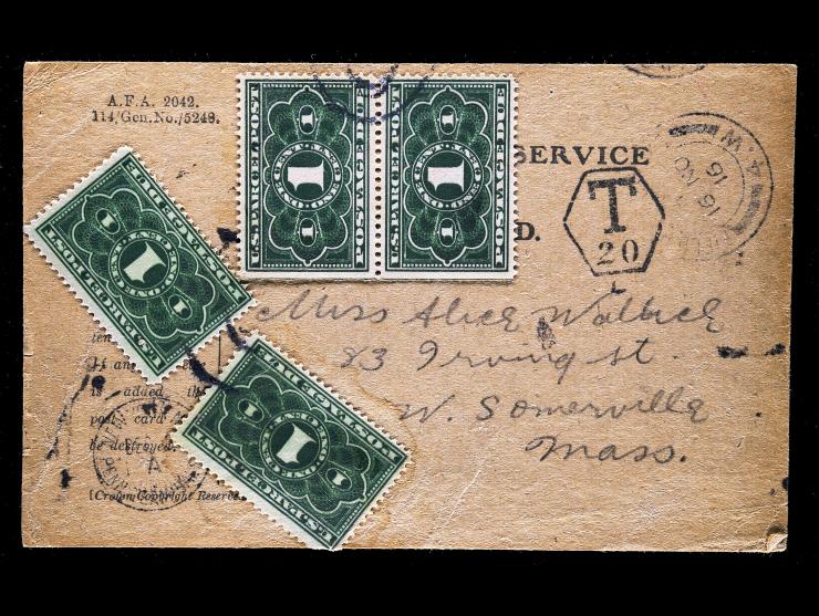 #JQ1 1913 1c Parcel Post Postage Due Pair and 2 Singles, All Tied on Great Britain Field Post Postcard to Massachusetts