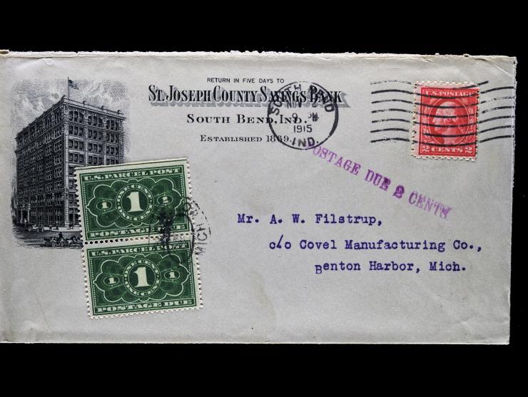 #435 1914 2c Rose Red, Tied on Cover with #JQ1 1913 1c Parcel Post Postage Due Vertical Pair