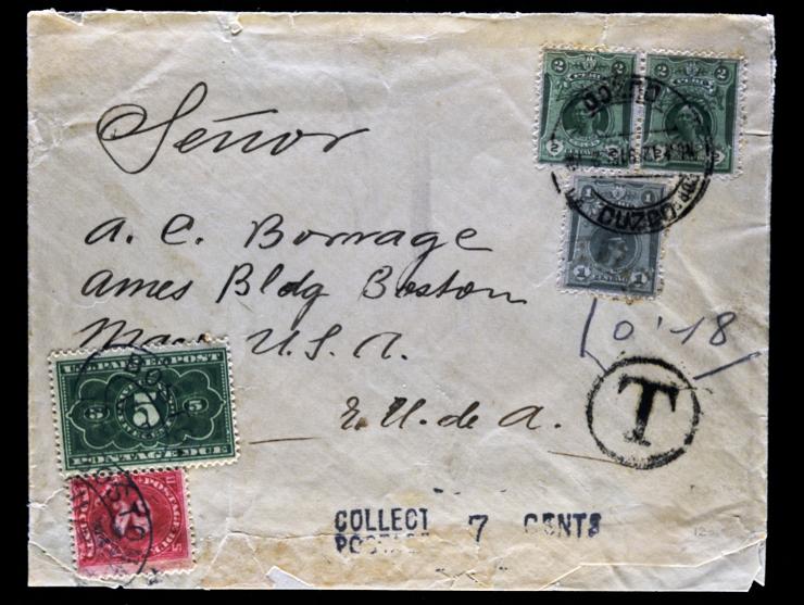 Peru #178 Pair and #177 Single, Tied on Cover to Boston with #JQ3 5c Parcel Post Postage Due and #J46 1910 2c Postage Due