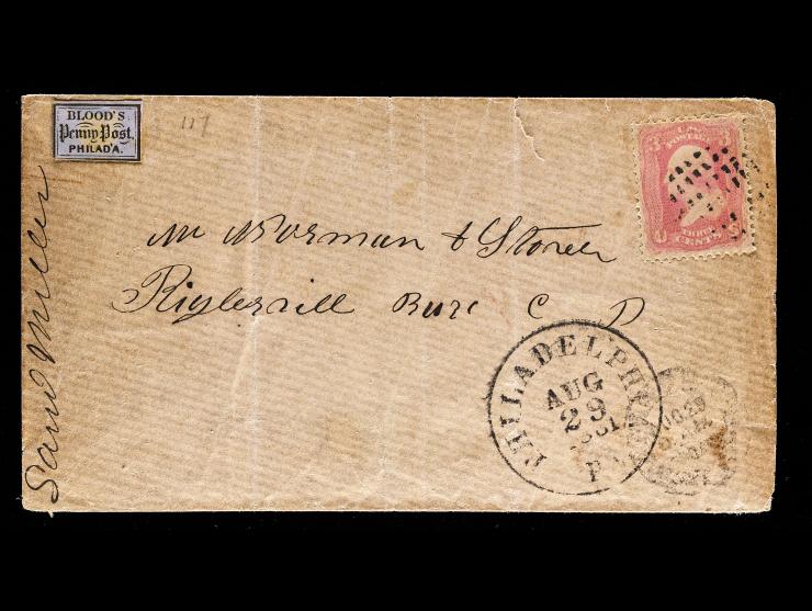 D.O. Blood & Co., 15L14, 1c Bronze on Lilac on Cover with #65 3c Rose Tied by Cork Cancel