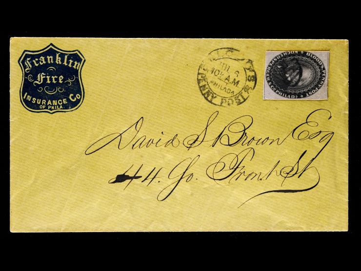 D.O. Blood & Co., 15L18, 1c Black with Black Grid in Oval Cancel on 1860 Franklin Fire Advertisement Envelope