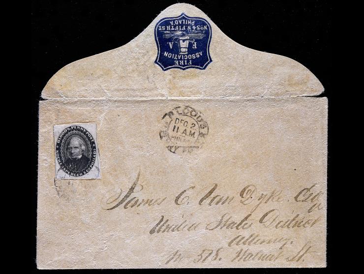D.O. Blood & Co., 15L18, 1c Black Tied on Cover with Fire Association Blue Shield Back Flap Advertisement Envelope