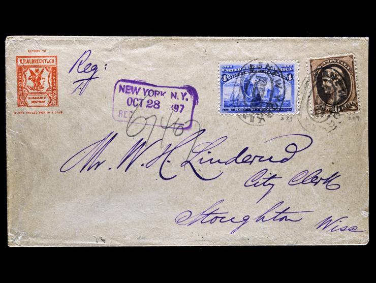 #209 1882 10c Brown and #233 1893 4c Ultramarine Columbian, Both Tied on Registered Stamp Dealer Corner Card