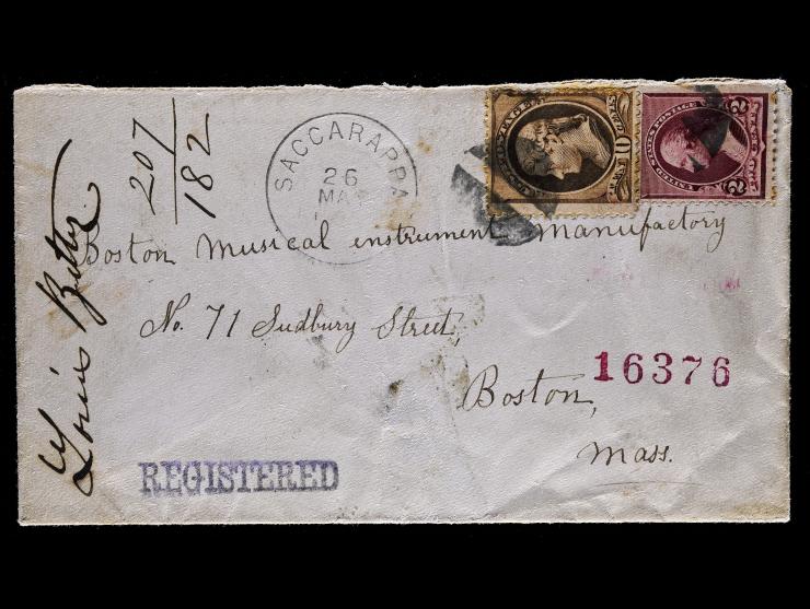 #209 1882 10c Brown and #219D 1890 2c Lake Tied by Cork Cancels on Registered Cover to Boston