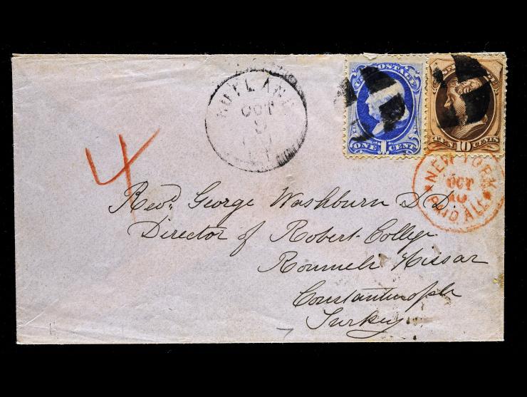 #161 1873 10c Brown and #156 1873 1c Franklin, Both Tied on Cover to Turkey via England