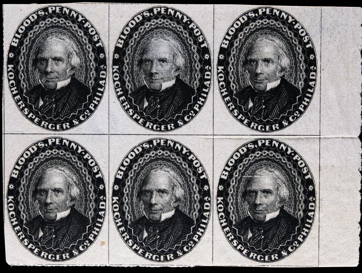 D.O. Blood & Co., 15L18, 1c Black, Right Margin, Block of Six, Unused