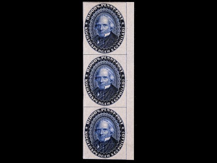D.O. Blood & Co., 15L18TC3b, 1c Black, Vertical Strip of 3, Right Margin Proof
