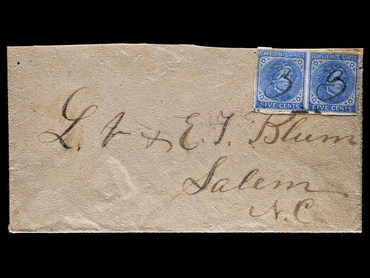 Confederate States, CSA 7, 5c Blue Horizontal Pair, Canceled by Manuscript "3", on Cover to Salem, NC.