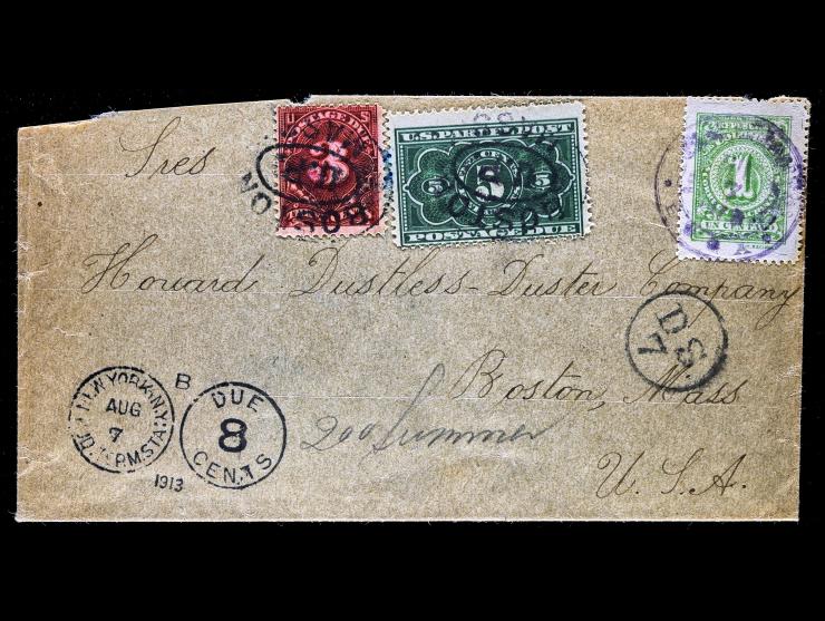 Columbia #326 1908 1c Yellow Green Tied on Cover with #JQ3 5c Parcel Post Postage Due and #J82 1931 3c Postage Due