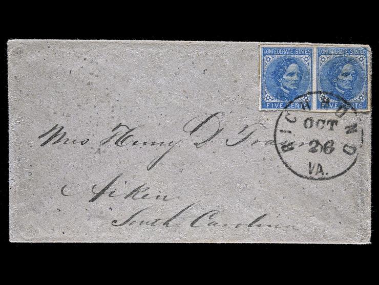 Confederate States, CSA #7 5c Blue, Horizontal Pair, Tied by Richmond, VA Datestamp on Cover to South Carolina