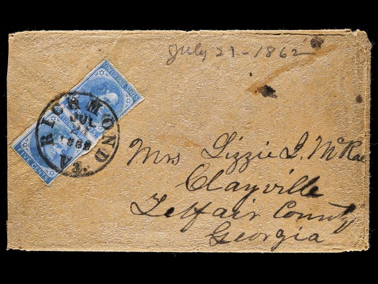 Confederate States,, CSA #6 5c Blue, Vertical Pair, Tied by Richmond, VA Datestamp on Cover to Georgia