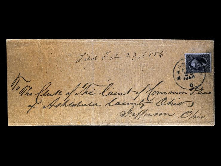 #17 1851 12c Black, Tied on 1856 Legal Cover addressed to The Clerk of the Court of Common Pleas of Ashtabula County, Jefferson, Ohio