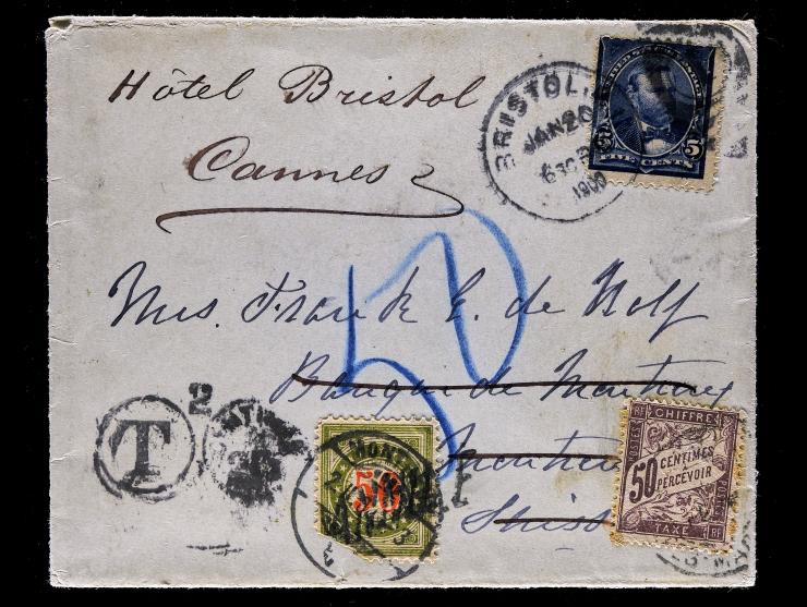 #281 5c Dark Blue, Tied on Cover to Switzerland, Forwarded to France with Swiss #J26 and France #J38