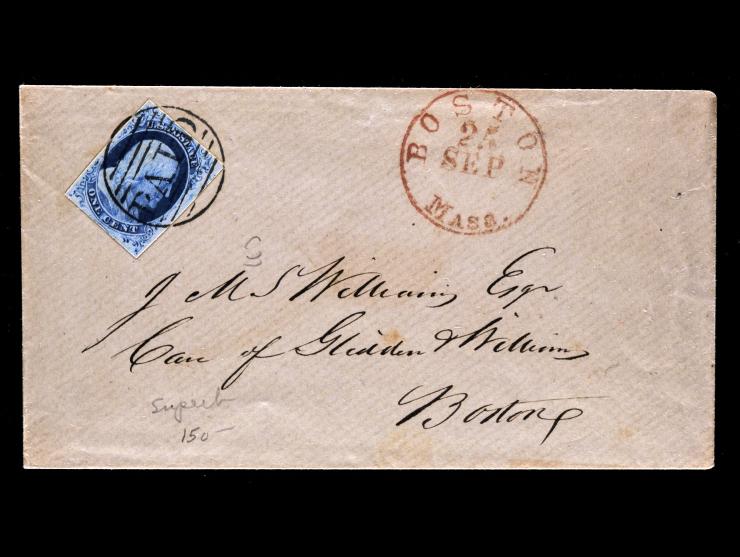 #9 1852, 1c Blue, Type IV, Position 23R1L, Tied by Large Boston "PAID" in Grid, with Red Boston Datestamp, Local Drop Cover