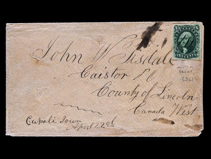 #16 1855 10c Green, Type IV, Position 65L1, Manuscript Pen Cancel on Cover from Iowa to Canada West