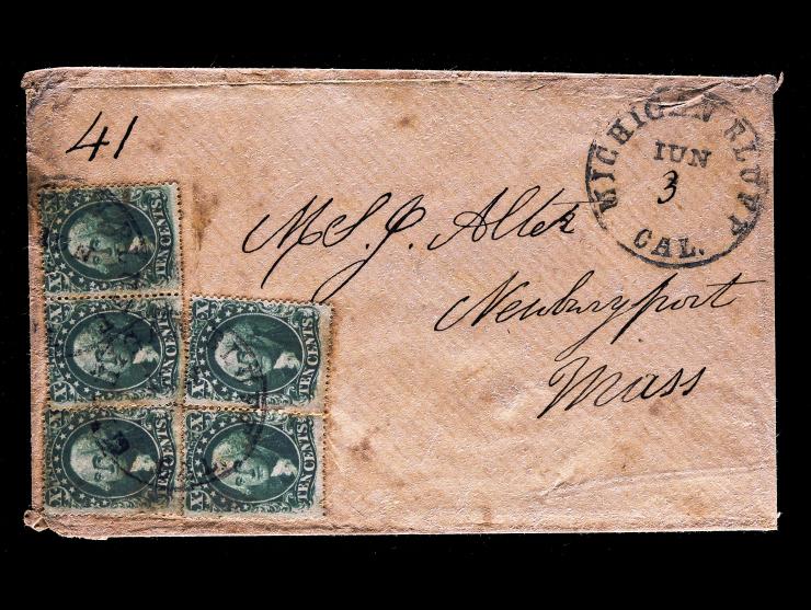 1855 10c Green, Types II & III, Two #32 Singles and a Single and Pair of #33, Tied on Cover