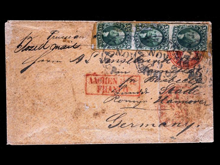 1855 10c Green, Vertical Strip of 3 (#14,#15, #14) Tied on U10 3c Entire to Germany via "Prussian Closed Mail"