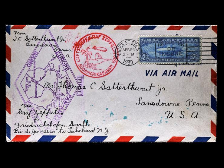 1930, $2.60 Graf Zeppelin, C15, Tied by Machine Cancel on Airmail Envelope