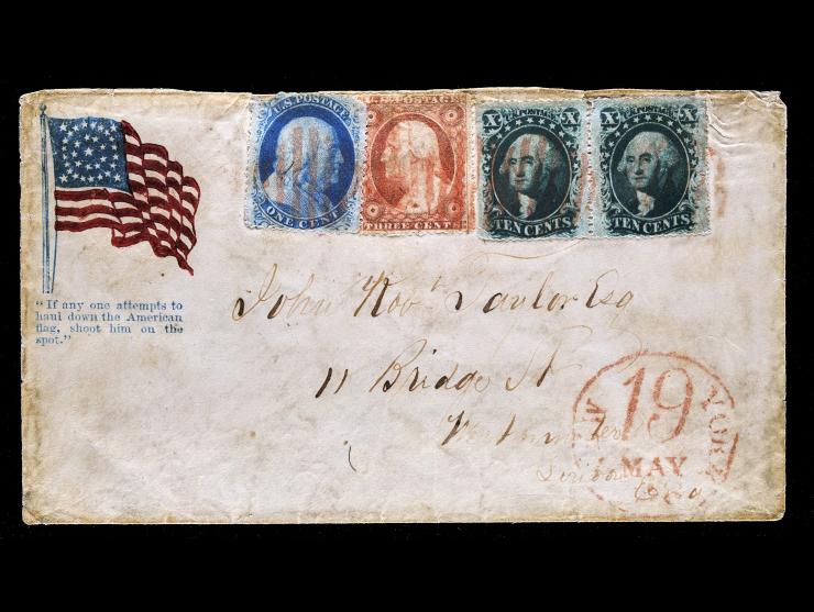 #35 1859 10c Green Horizontal Pair with #24 1c Blue and #26 1c Dull Red, on Waving Patriotic Flag Cover to London