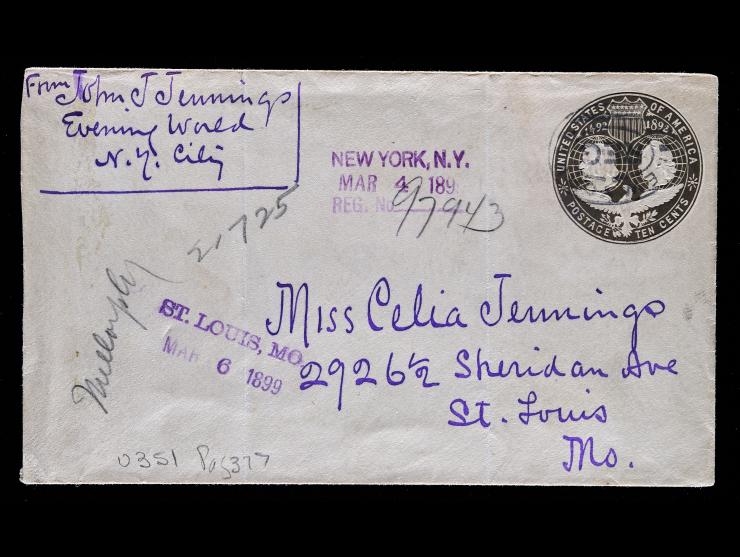 1899 10c Columbian Postal Stationary, #U351, Registered from New York to Missouri