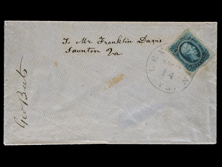 Confederate States, CSA #12c 10c Greenish-Blue, 3 Margin, Tied by Lexington Datestamp on 1863 Cover to Franklin Davis