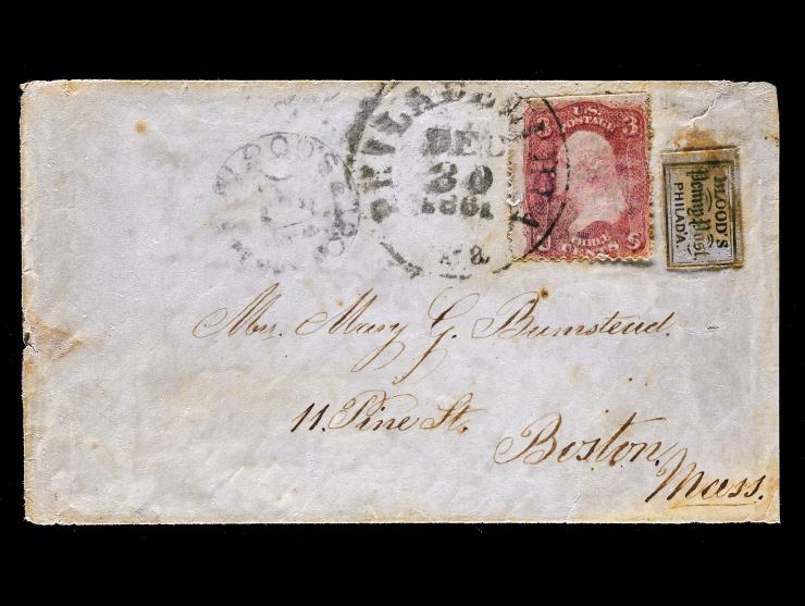 D.O. Blood & Co., 15L15, 1c Blue and Pink on Bluish on Cover with #26 3c Rose, Tied by Philadelphia Datetamp, to Boston