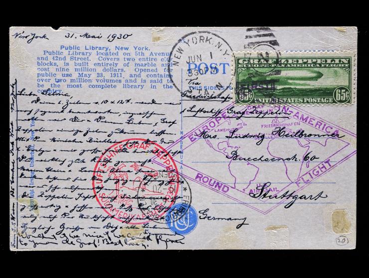 #C13 65c Graf Zeppelin on New York Public Library, Fifth Ave. Illustrated Postcard to Germany