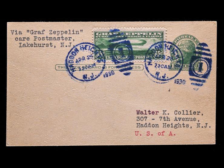 #C13 65c Graf Zeppelin Tied on 1c Green Postal Card to Haddon Heights, NJ, via Lakehurst