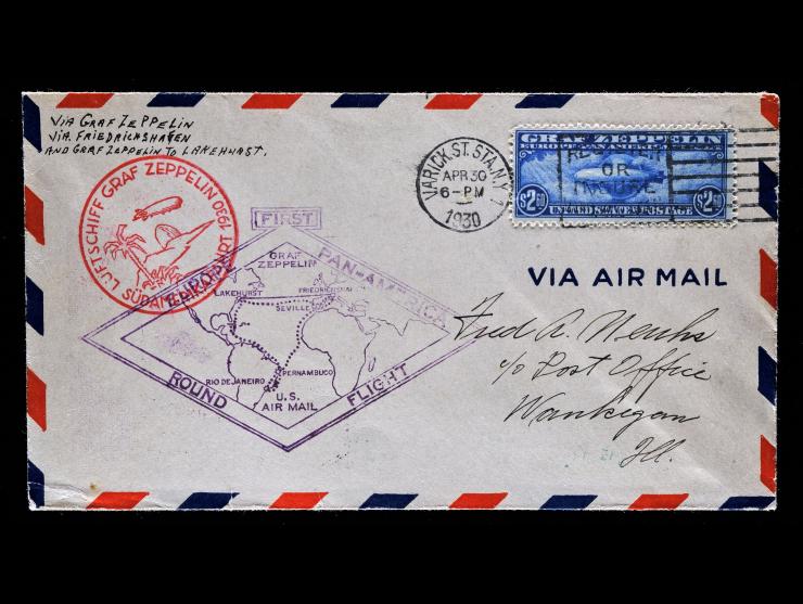 $2.60 Graf Zeppelin, Tied on Airmail Cover, Friedrichshafen to Lakehurst, Dual-Cacheted