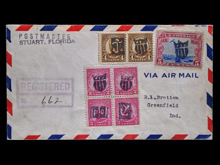 #C11 1928 5c Beacon on 1928 Registered Airmail Cover with Fancy Cancels to Indiana