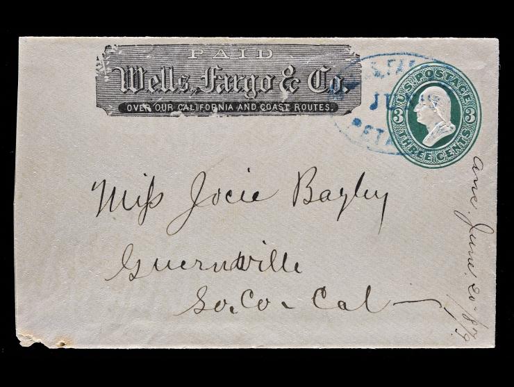 Wells, Fargo & Co. Printed Frank on 3c Green Entire with Blue Oval Company Petaluma Handstamp