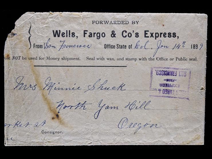Wells, Fargo & Co's Express, 1899, Marshall's Money Envelope, with Purple Boxed Company Handstamp