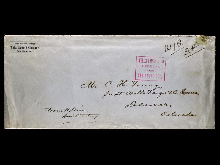 Wells Fargo & Company, President's Office San Francisco, Legal Size Printed Envelope with Red Square Boxed Company Handstamp to Colorado