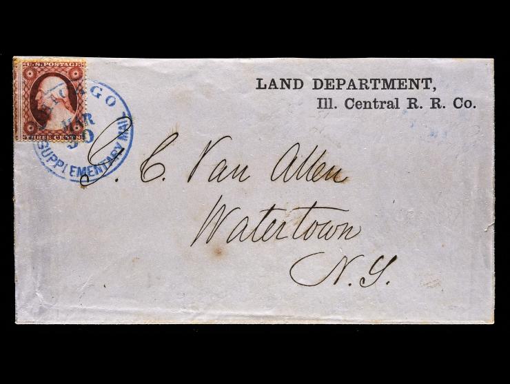 #26 1857 3c Claret, Tied on Cover by Blue "CHICAGO SUPPLEMENTARY MAIL" on Ill. Central R. R. Co. Land Department Corner Card