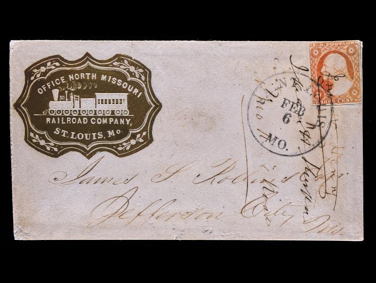 North Missouri Railroad Company, Embossed Illustrated Corner Card in Gold Ink, with #11 3c Dull Red, Tied on Cover