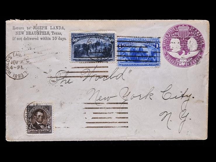1893 Columbian Exposition, #222 4c Dark Brown, #230 1c Columbian, and #240 50c Columbian on U349 2c Violet with World's Fair Datestamp